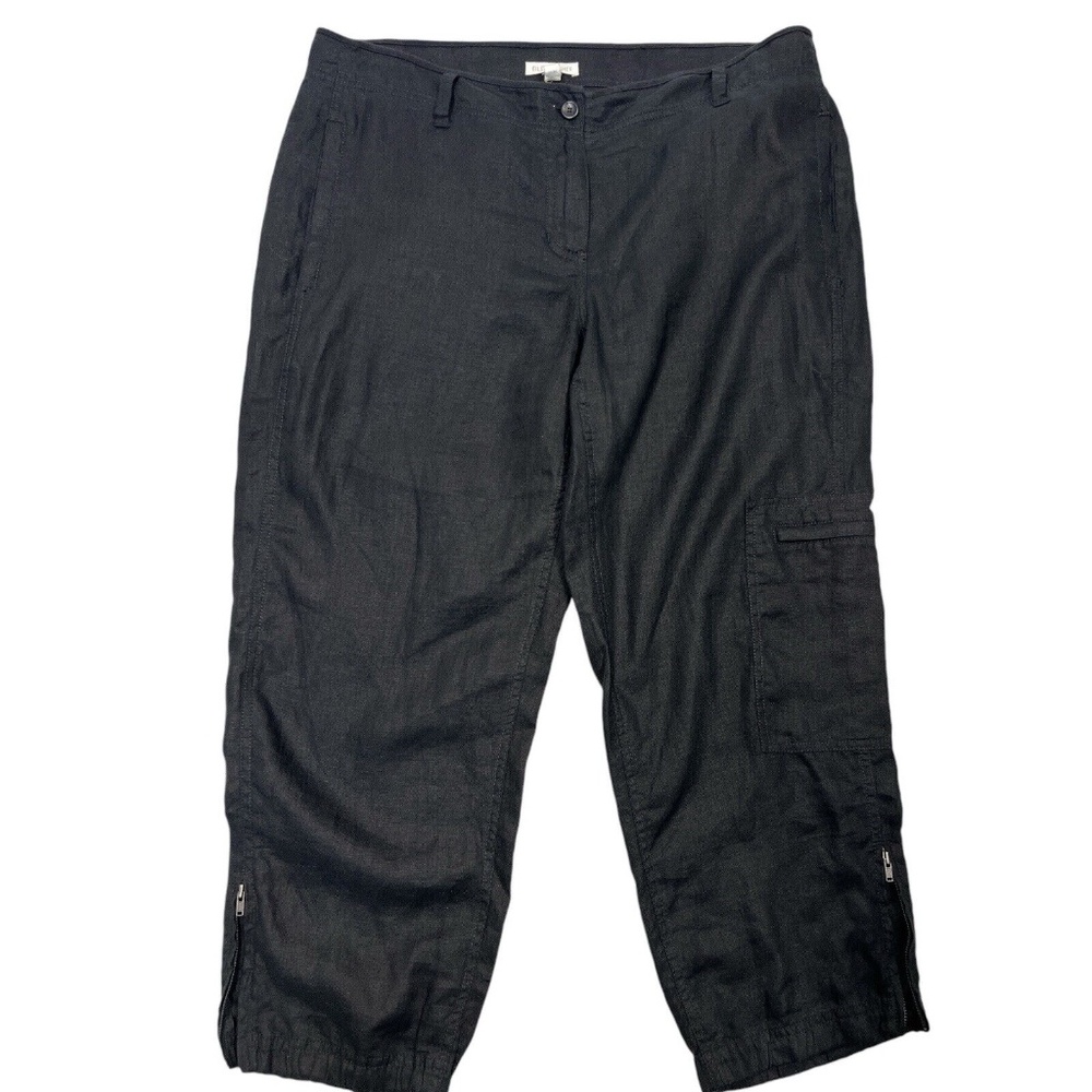Eileen Fisher Linen Pants Cropped Cargo Zip Pocket Ankle Zip Shiny Women Black M